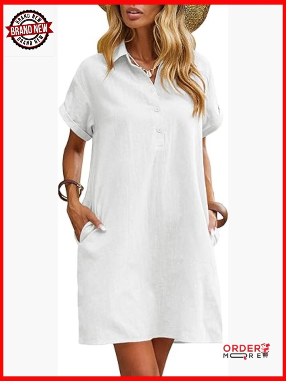 Women's Cotton Shift Dress Short Sleeve Button Down Casual Beach Cover Up with